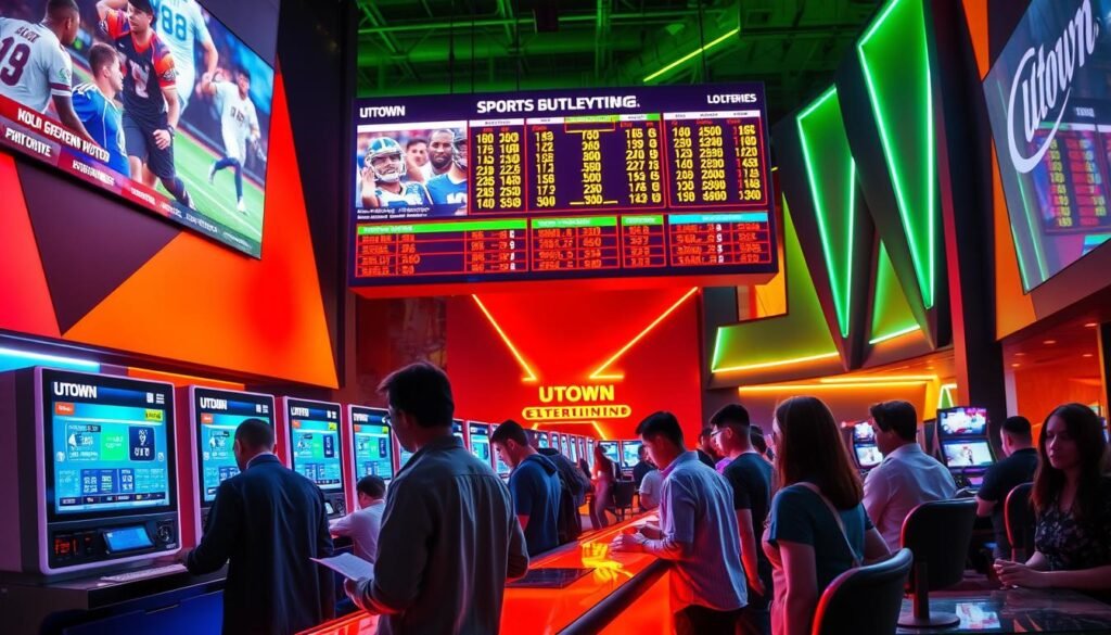 A colorful and dynamic scene depicting the experience of sports betting and lottery gaming at the UTown entertainment center. In the foreground, a group of patrons intently studying betting slips and making wagers at a sleek, illuminated betting counter. The middle ground features a large video wall displaying live sports events and lottery draw results, creating an immersive and engaging atmosphere. The background showcases the modern, sophisticated design of the UTown venue, with bold geometric shapes, neon accents, and a vibrant color palette that evokes the energy and excitement of the gaming experience. Dramatic cinematic lighting casts dramatic shadows and highlights, adding depth and drama to the scene. The overall impression is one of a cutting-edge, technologically-advanced betting and entertainment hub. A colorful and dynamic scene depicting the experience of sports betting and lottery gaming at the UTown entertainment center. In the foreground, a group of patrons intently studying betting slips and making wagers at a sleek, illuminated betting counter. The middle ground features a large video wall displaying live sports events and lottery draw results, creating an immersive and engaging atmosphere. The background showcases the modern, sophisticated design of the UTown venue, with bold geometric shapes, neon accents, and a vibrant color palette that evokes the energy and excitement of the gaming experience. Dramatic cinematic lighting casts dramatic shadows and highlights, adding depth and drama to the scene. The overall impression is one of a cutting-edge, technologically-advanced betting and entertainment hub.