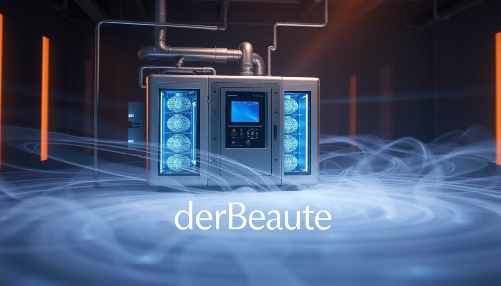 A sleek and modern intelligent cooling system, with a central control panel and intricate piping. Surrounding the system, a field of swirling ultrasonic waves, creating a mesmerizing visual interplay. The lighting is soft and diffused, casting a warm, technical glow on the scene. In the foreground, the derBeaute logo prominently displayed, signifying the integration of this cutting-edge technology with the brand's professional skincare solutions. The overall atmosphere is one of advanced innovation, precision, and the harmonious fusion of complementary technologies. A sleek and modern intelligent cooling system, with a central control panel and intricate piping. Surrounding the system, a field of swirling ultrasonic waves, creating a mesmerizing visual interplay. The lighting is soft and diffused, casting a warm, technical glow on the scene. In the foreground, the derBeaute logo prominently displayed, signifying the integration of this cutting-edge technology with the brand's professional skincare solutions. The overall atmosphere is one of advanced innovation, precision, and the harmonious fusion of complementary technologies.