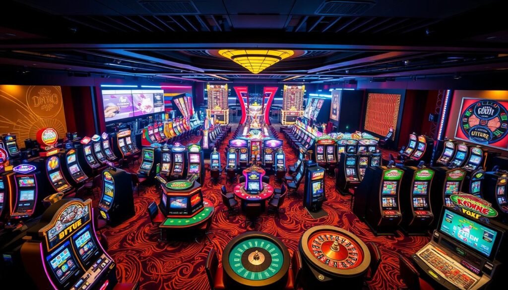 A vibrant, diverse gaming landscape filled with UTown's engaging options. In the foreground, a variety of slot machines, poker tables, and roulette wheels invite players to try their luck. The middle ground showcases different themed gaming zones, each with its own distinct ambiance and allure. In the background, a panoramic view reveals the expansive UTown entertainment complex, its sleek architecture and neon-lit facades creating an air of excitement and anticipation. Soft, warm lighting bathes the scene, evoking a welcoming and immersive atmosphere. The composition emphasizes the breadth of gaming choices available, drawing the viewer into the vibrant, dynamic world of UTown's entertainment offerings. A vibrant, diverse gaming landscape filled with UTown's engaging options. In the foreground, a variety of slot machines, poker tables, and roulette wheels invite players to try their luck. The middle ground showcases different themed gaming zones, each with its own distinct ambiance and allure. In the background, a panoramic view reveals the expansive UTown entertainment complex, its sleek architecture and neon-lit facades creating an air of excitement and anticipation. Soft, warm lighting bathes the scene, evoking a welcoming and immersive atmosphere. The composition emphasizes the breadth of gaming choices available, drawing the viewer into the vibrant, dynamic world of UTown's entertainment offerings.