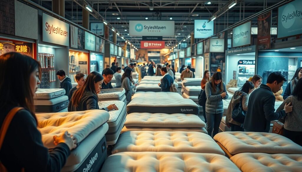 A bustling market scene showcasing the diverse array of ergonomic mattresses and bedding offerings. In the foreground, customers examine the plush, supportive cushions of the StylesMaven brand, their faces lit by warm, golden lighting. In the middle ground, vendors demonstrate the innovative features, like adjustable firmness and breathable fabrics. The background depicts a maze of stalls and displays, creating an atmosphere of exploration and discovery for those seeking the perfect sleep solution. The overall scene conveys a sense of vibrant commercial activity and the growing importance of the "護脊床褥" market within the healthcare and wellness landscape. A bustling market scene showcasing the diverse array of ergonomic mattresses and bedding offerings. In the foreground, customers examine the plush, supportive cushions of the StylesMaven brand, their faces lit by warm, golden lighting. In the middle ground, vendors demonstrate the innovative features, like adjustable firmness and breathable fabrics. The background depicts a maze of stalls and displays, creating an atmosphere of exploration and discovery for those seeking the perfect sleep solution. The overall scene conveys a sense of vibrant commercial activity and the growing importance of the "護脊床褥" market within the healthcare and wellness landscape.