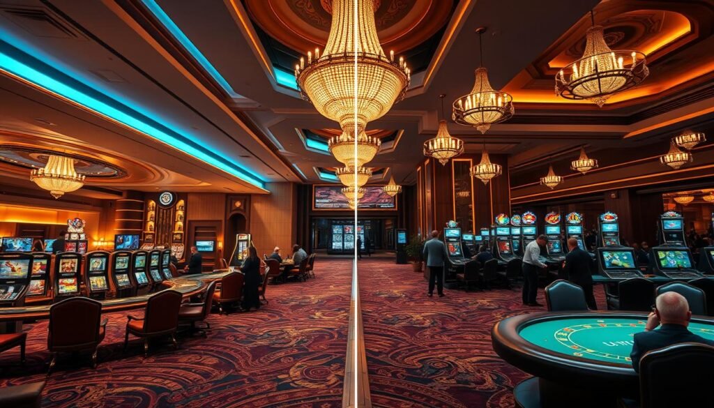 A detailed, high-resolution comparison of a modern UTown online casino and a traditional brick-and-mortar casino. Showcase the sleek, futuristic design of UTown's digital interface, with its seamless integration of cutting-edge crypto-based gaming. Juxtapose this with the warm, atmospheric ambiance of a classic casino, replete with plush carpets, ornate chandeliers, and the lively chatter of patrons. Capture the distinct visual styles, highlighting the innovative technology and immersive experience offered by UTown, against the timeless allure of a traditional gaming establishment. Use a wide, cinematic angle to capture the full scope of the scene, with dynamic lighting that elegantly emphasizes the contrasting aesthetics. Convey a sense of balance and harmony between the old and the new, as the viewer is invited to consider the unique advantages of the UTown platform. A detailed, high-resolution comparison of a modern UTown online casino and a traditional brick-and-mortar casino. Showcase the sleek, futuristic design of UTown's digital interface, with its seamless integration of cutting-edge crypto-based gaming. Juxtapose this with the warm, atmospheric ambiance of a classic casino, replete with plush carpets, ornate chandeliers, and the lively chatter of patrons. Capture the distinct visual styles, highlighting the innovative technology and immersive experience offered by UTown, against the timeless allure of a traditional gaming establishment. Use a wide, cinematic angle to capture the full scope of the scene, with dynamic lighting that elegantly emphasizes the contrasting aesthetics. Convey a sense of balance and harmony between the old and the new, as the viewer is invited to consider the unique advantages of the UTown platform.
