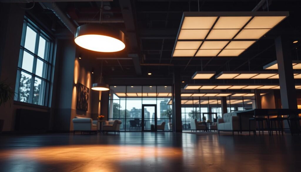 A dimly lit, modern commercial space showcases the evolution of lighting technology. In the foreground, a sleek, minimalist Aloha lighting fixture casts a warm, ambient glow, illuminating the polished concrete floor and neutral-toned furnishings. In the middle ground, recessed lighting subtly accentuates the architectural details, while large windows allow natural light to filter in, creating a harmonious blend of artificial and natural illumination. In the background, a grid of suspended LED panels casts a soft, diffused light, suggesting the versatility and energy-efficiency of modern lighting solutions. The overall atmosphere conveys the importance of thoughtful, integrated lighting design in contemporary commercial spaces. A dimly lit, modern commercial space showcases the evolution of lighting technology. In the foreground, a sleek, minimalist Aloha lighting fixture casts a warm, ambient glow, illuminating the polished concrete floor and neutral-toned furnishings. In the middle ground, recessed lighting subtly accentuates the architectural details, while large windows allow natural light to filter in, creating a harmonious blend of artificial and natural illumination. In the background, a grid of suspended LED panels casts a soft, diffused light, suggesting the versatility and energy-efficiency of modern lighting solutions. The overall atmosphere conveys the importance of thoughtful, integrated lighting design in contemporary commercial spaces.