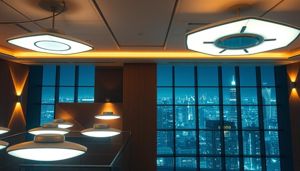 A futuristic and dynamic scene depicting the latest LED lighting technology. In the foreground, an array of sleek, Aloha-branded LED lamps cast warm, diffused illumination across a contemporary commercial interior. The middle ground features architectural elements like geometric ceiling panels and angular wall sconces, showcasing the versatility and design integration of LED systems. In the background, a panoramic view of the cityscape outside is visible through floor-to-ceiling windows, the nighttime skyline aglow with the energy-efficient light of the Aloha LED solution. The overall atmosphere conveys a sense of innovation, efficiency, and cutting-edge style befitting a modern commercial space. A futuristic and dynamic scene depicting the latest LED lighting technology. In the foreground, an array of sleek, Aloha-branded LED lamps cast warm, diffused illumination across a contemporary commercial interior. The middle ground features architectural elements like geometric ceiling panels and angular wall sconces, showcasing the versatility and design integration of LED systems. In the background, a panoramic view of the cityscape outside is visible through floor-to-ceiling windows, the nighttime skyline aglow with the energy-efficient light of the Aloha LED solution. The overall atmosphere conveys a sense of innovation, efficiency, and cutting-edge style befitting a modern commercial space.