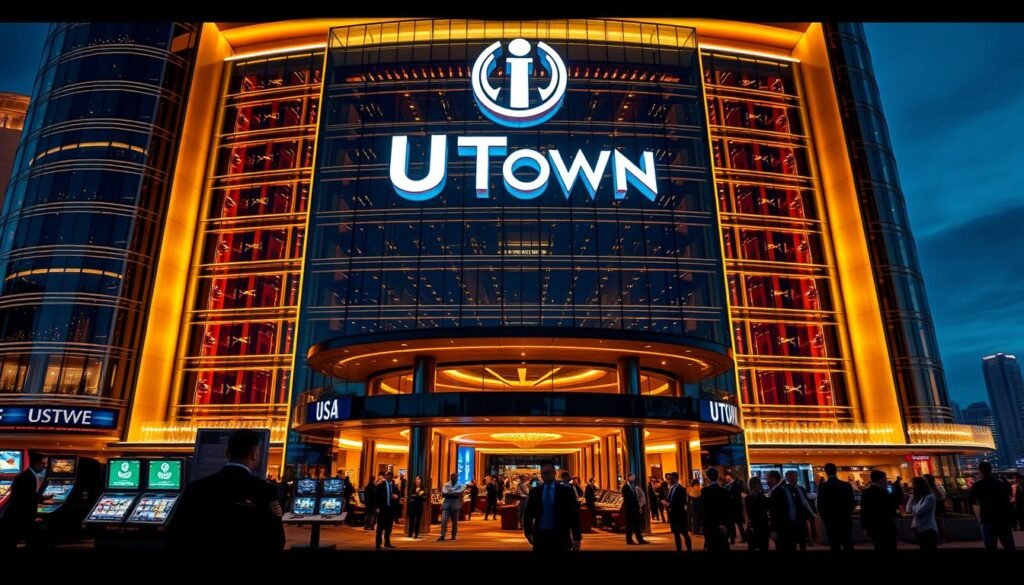 A gleaming, ultramodern casino complex with the UTown logo prominently displayed. The building's facade is a sleek, reflective glass and steel structure, bathed in warm lighting that creates a welcoming atmosphere. In the foreground, advanced security systems and personnel are visible, ensuring the safety and security of patrons. The middle ground features a bustling lobby with elegantly dressed guests, while the background showcases the city skyline, hinting at the casino's prime location. The overall composition conveys a sense of luxury, sophistication, and unwavering protection for those who choose to game and entertain at the UTown Entertainment City. A gleaming, ultramodern casino complex with the UTown logo prominently displayed. The building's facade is a sleek, reflective glass and steel structure, bathed in warm lighting that creates a welcoming atmosphere. In the foreground, advanced security systems and personnel are visible, ensuring the safety and security of patrons. The middle ground features a bustling lobby with elegantly dressed guests, while the background showcases the city skyline, hinting at the casino's prime location. The overall composition conveys a sense of luxury, sophistication, and unwavering protection for those who choose to game and entertain at the UTown Entertainment City.