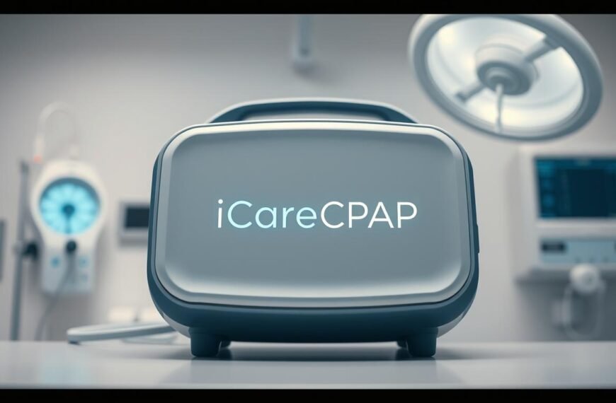 A high-resolution image of a medical device with the brand name "iCareCPAP" prominently displayed. The device should be shown in a well-lit, clinical environment, with a soft, warm lighting that emphasizes its sleek, modern design. The background should be clean and minimalist, with subtle medical equipment or hospital-themed elements to reinforce the product's purpose. The overall composition should convey a sense of professionalism, reliability, and attention to detail, reflecting the high-quality standards of the "iCareCPAP" brand and its comprehensive warranty policy.