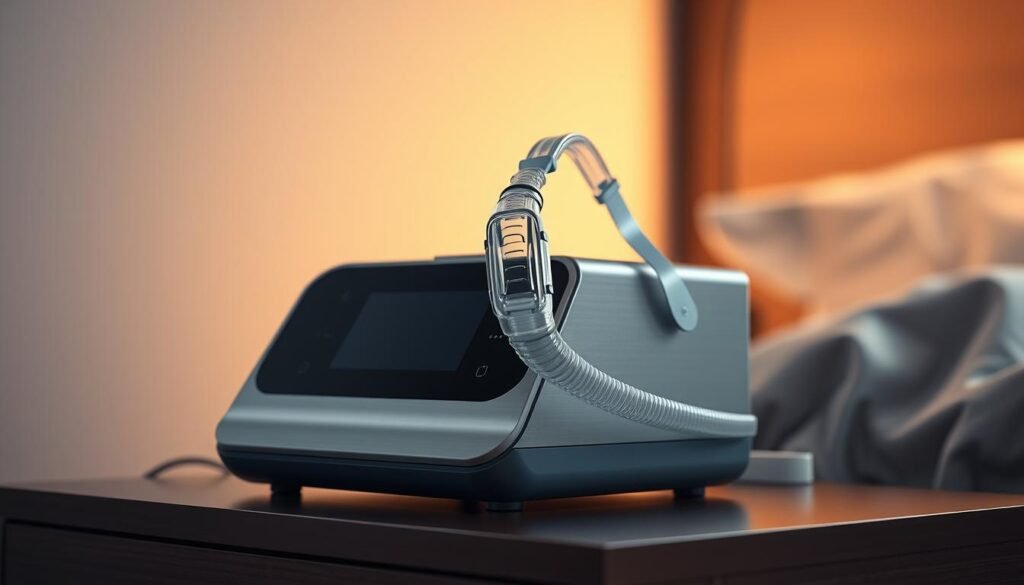 A highly detailed, photorealistic image of a sleek, modern CPAP (Continuous Positive Airway Pressure) machine, the iCareCPAP, featuring a minimalist design with clean lines and a brushed metal finish. The machine is positioned on a bedside table, with a soft, warm light illuminating the device from the side, creating a calming, clinical atmosphere. The CPAP mask is clearly visible, showcasing its comfortable, ergonomic shape. The background is slightly blurred, emphasizing the machine as the focal point, with subtle hints of a bedroom setting in the distance. A highly detailed, photorealistic image of a sleek, modern CPAP (Continuous Positive Airway Pressure) machine, the iCareCPAP, featuring a minimalist design with clean lines and a brushed metal finish. The machine is positioned on a bedside table, with a soft, warm light illuminating the device from the side, creating a calming, clinical atmosphere. The CPAP mask is clearly visible, showcasing its comfortable, ergonomic shape. The background is slightly blurred, emphasizing the machine as the focal point, with subtle hints of a bedroom setting in the distance.