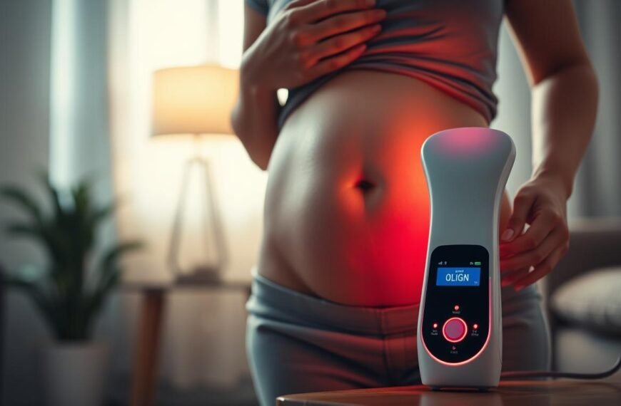A middle-aged woman, post-pregnancy, stands in a well-lit room, examining her abdominal area. Her skin appears slightly loose and lax, characteristic of the common condition &quot;產後腹部鬆弛&quot;. In the foreground, the Glowin' Beaute Oligio X device is prominently displayed, suggesting a potential solution to her concern. The lighting is soft and flattering, creating a warm, inviting atmosphere. The background is blurred, keeping the focus on the woman's midsection and the Oligio X device. The overall mood is one of hope and anticipation, as the woman considers using this product to address her post-pregnancy abdominal concerns.