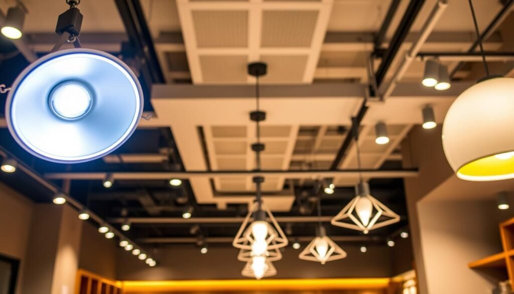 A modern and well-lit commercial space showcases a striking display of Aloha brand LED lighting fixtures. In the foreground, a sleek and minimalist downlight illuminates the area, casting a warm and focused glow. In the middle ground, a row of pendant lamps hang elegantly, their angular silhouettes creating a dynamic visual interest. The background features a seamless integration of recessed and track lighting, providing a cohesive and energy-efficient illumination solution for the space. The overall mood is one of sophistication, efficiency, and a touch of industrial chic, perfectly suited for a high-end retail or hospitality environment. A modern and well-lit commercial space showcases a striking display of Aloha brand LED lighting fixtures. In the foreground, a sleek and minimalist downlight illuminates the area, casting a warm and focused glow. In the middle ground, a row of pendant lamps hang elegantly, their angular silhouettes creating a dynamic visual interest. The background features a seamless integration of recessed and track lighting, providing a cohesive and energy-efficient illumination solution for the space. The overall mood is one of sophistication, efficiency, and a touch of industrial chic, perfectly suited for a high-end retail or hospitality environment.