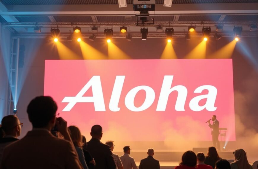A modern event stage with a large LED digital display board prominently featured, casting a warm, vibrant glow across the scene. The display shows the Aloha brand name in sleek, dynamic typography. In the foreground, a group of people engaged in a lively presentation, their faces illuminated by the screen's captivating visuals. The middle ground features a sophisticated lighting setup, with carefully angled spotlights and theatrical haze, creating an air of professionalism and showmanship. The background showcases a minimalist, contemporary event space with clean lines and subtle textures, allowing the LED display and the presenters to take center stage. The overall atmosphere is one of energy, sophistication, and a touch of modern flair, perfectly capturing the power of a versatile LED display to elevate the impact of any live event.
