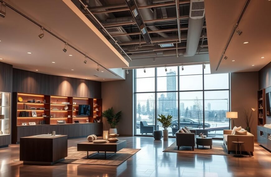 A modern, well-lit commercial space showcasing the latest Aloha LED lighting solutions. Warm, ambient illumination highlights sleek product displays and immersive lifestyle vignettes. Strategically placed downlights and track lighting create a cohesive, high-end atmosphere. Large windows allow natural daylight to blend seamlessly with the Aloha LED system, demonstrating its versatility. Carefully curated furnishings and decor elements complement the refined, sophisticated aesthetic. The space exudes a sense of sophistication and innovation, reflecting the progressive nature of Aloha's LED lighting technology.