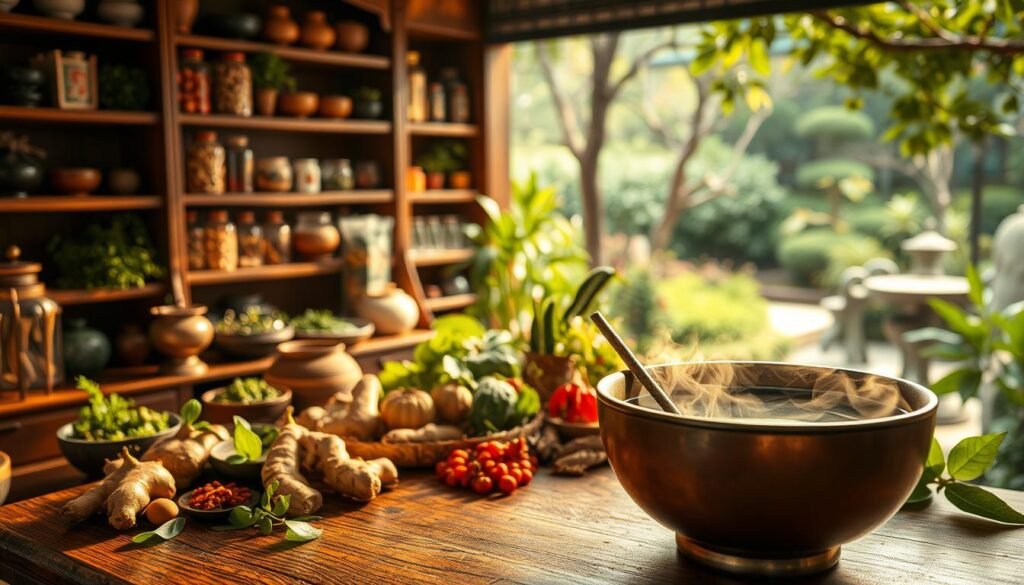 A traditional Chinese herbal apothecary, its shelves brimming with an array of natural remedies. In the foreground, a steaming bowl of herbal tea, the rich, earthy aroma filling the air. The scene is bathed in warm, soft lighting, creating a soothing, serene atmosphere. In the middle ground, a variety of fresh produce - ginger, goji berries, and other ingredients commonly used in traditional Chinese medicine for treating ear imbalances. The background depicts a tranquil, zen-like garden, with lush foliage and a serene water feature, symbolizing the natural harmony and balance sought in the treatment of this condition. A traditional Chinese herbal apothecary, its shelves brimming with an array of natural remedies. In the foreground, a steaming bowl of herbal tea, the rich, earthy aroma filling the air. The scene is bathed in warm, soft lighting, creating a soothing, serene atmosphere. In the middle ground, a variety of fresh produce - ginger, goji berries, and other ingredients commonly used in traditional Chinese medicine for treating ear imbalances. The background depicts a tranquil, zen-like garden, with lush foliage and a serene water feature, symbolizing the natural harmony and balance sought in the treatment of this condition.
