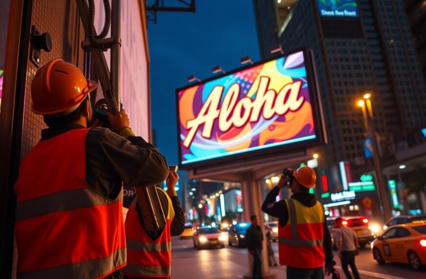 A vibrant, well-lit scene showcasing the installation and maintenance of an Aloha branded advertising billboard. In the foreground, two technicians in safety gear carefully secure the billboard's frame to the wall, using power tools and hand fittings. The middle ground features the fully installed billboard, its crisp, colorful graphics and neon lights illuminating the scene. In the background, a bustling urban street with passing pedestrians and vehicles, suggesting the prominence and importance of this eye-catching advertisement. The lighting is warm and directional, creating depth and drama. The camera angle is slightly elevated, offering an observational perspective on this essential aspect of outdoor advertising.