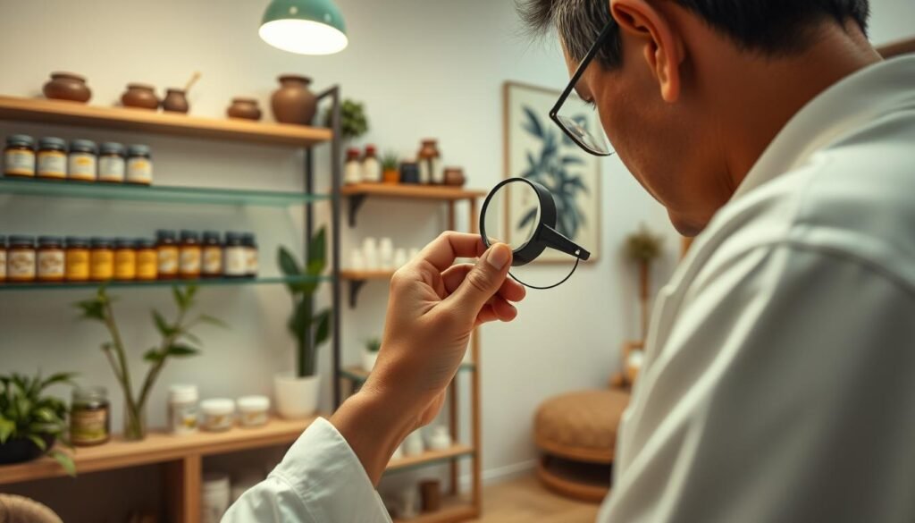A well-lit acupuncture clinic interior, focused on a traditional Chinese medicine practitioner examining a patient's ear with a magnifying glass. In the foreground, the practitioner's hand gently holds the patient's earlobe, examining the surface for signs of imbalance. The middle ground features a variety of Chinese herbal remedies and supplements displayed on shelves, while the background showcases calming Eastern decor elements like bamboo plants and traditional Chinese paintings. The overall scene conveys a sense of holistic healing and balance. A well-lit acupuncture clinic interior, focused on a traditional Chinese medicine practitioner examining a patient's ear with a magnifying glass. In the foreground, the practitioner's hand gently holds the patient's earlobe, examining the surface for signs of imbalance. The middle ground features a variety of Chinese herbal remedies and supplements displayed on shelves, while the background showcases calming Eastern decor elements like bamboo plants and traditional Chinese paintings. The overall scene conveys a sense of holistic healing and balance.