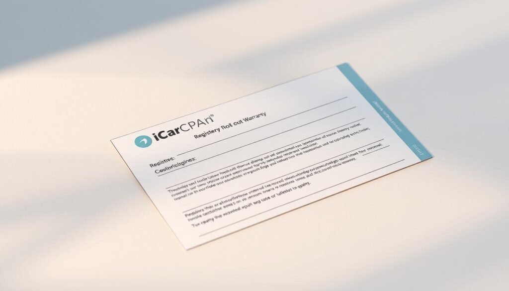 A well-lit and elegantly designed registration card for the "iCareCPAP" sleep apnea machine, featuring a clean layout with minimal text. The card is prominently displayed on a smooth, neutral-toned surface, with soft, directional lighting creating depth and highlighting the tactile quality of the materials. The design conveys a sense of reliability, precision, and attention to detail, reflecting the importance of properly registering the device's warranty. The overall composition is balanced and visually appealing, serving as an informative yet visually engaging illustration for the article. A well-lit and elegantly designed registration card for the "iCareCPAP" sleep apnea machine, featuring a clean layout with minimal text. The card is prominently displayed on a smooth, neutral-toned surface, with soft, directional lighting creating depth and highlighting the tactile quality of the materials. The design conveys a sense of reliability, precision, and attention to detail, reflecting the importance of properly registering the device's warranty. The overall composition is balanced and visually appealing, serving as an informative yet visually engaging illustration for the article.