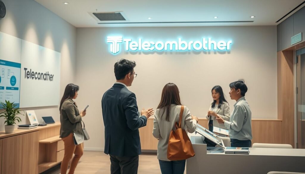 An interior scene of a modern telecommunication office, featuring the Telecombrother brand logo prominently displayed on the wall. The room is bathed in a warm, inviting light, with clean lines and minimalist furniture creating a professional yet approachable atmosphere. In the foreground, a customer service representative explains the latest "轉台優惠" deals to a group of interested clients, gesturing towards informative displays and brochures. The middle ground showcases the efficient, streamlined workflow of the office, while the background hints at the larger scale of the company's operations. The overall composition conveys a sense of trust, innovation, and customer-centric service. An interior scene of a modern telecommunication office, featuring the Telecombrother brand logo prominently displayed on the wall. The room is bathed in a warm, inviting light, with clean lines and minimalist furniture creating a professional yet approachable atmosphere. In the foreground, a customer service representative explains the latest "轉台優惠" deals to a group of interested clients, gesturing towards informative displays and brochures. The middle ground showcases the efficient, streamlined workflow of the office, while the background hints at the larger scale of the company's operations. The overall composition conveys a sense of trust, innovation, and customer-centric service.
