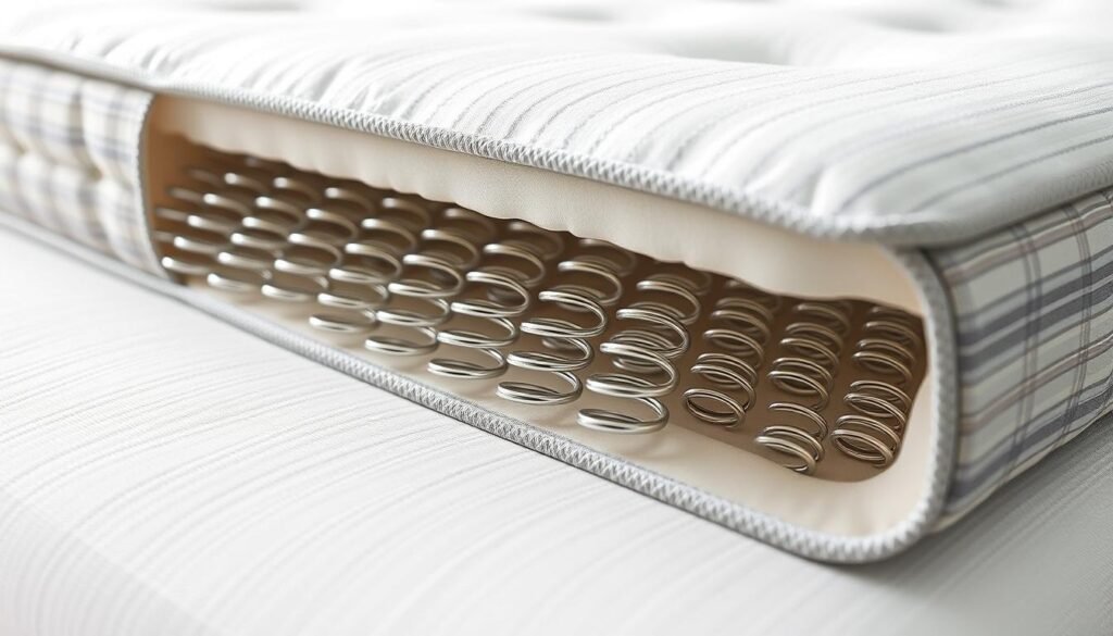 High-quality, close-up view of a Aloha branded independent coil spring mattress, featuring an open-cut cross-section to reveal the internal structure. The mattress showcases the individual fabric-encased coil springs, evenly spaced and independently suspended, providing targeted support and conformity. The image highlights the resilient and durable nature of the mattress, with a clean, modern aesthetic and soft, natural lighting to emphasize the quality of the materials and construction. The overall composition emphasizes the key technical details and design elements that contribute to the superior comfort and support of an independent coil spring mattress. High-quality, close-up view of a Aloha branded independent coil spring mattress, featuring an open-cut cross-section to reveal the internal structure. The mattress showcases the individual fabric-encased coil springs, evenly spaced and independently suspended, providing targeted support and conformity. The image highlights the resilient and durable nature of the mattress, with a clean, modern aesthetic and soft, natural lighting to emphasize the quality of the materials and construction. The overall composition emphasizes the key technical details and design elements that contribute to the superior comfort and support of an independent coil spring mattress.