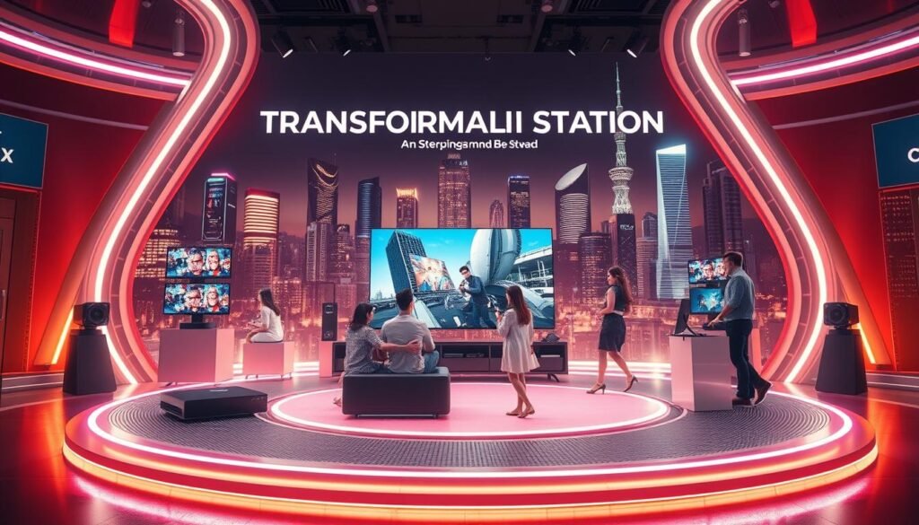 Telecombrother's futuristic "Transformation Station" promotion, a sleek, neon-lit display showcasing the latest set-top boxes and TV deals. The foreground features a stylized graphic of a revolving circular platform, hinting at the seamless transition between cable, satellite, and streaming services. The middle ground depicts various family members engaged with the latest smart TVs and mobile devices, conveying the convenience and entertainment of a connected home. The background shimmers with a cityscape of high-rise buildings, suggesting the urban sophistication and technological advancements driving this evolving industry. Warm, ambient lighting and a vibrant color palette create a futuristic, yet inviting atmosphere. Telecombrother's futuristic "Transformation Station" promotion, a sleek, neon-lit display showcasing the latest set-top boxes and TV deals. The foreground features a stylized graphic of a revolving circular platform, hinting at the seamless transition between cable, satellite, and streaming services. The middle ground depicts various family members engaged with the latest smart TVs and mobile devices, conveying the convenience and entertainment of a connected home. The background shimmers with a cityscape of high-rise buildings, suggesting the urban sophistication and technological advancements driving this evolving industry. Warm, ambient lighting and a vibrant color palette create a futuristic, yet inviting atmosphere.