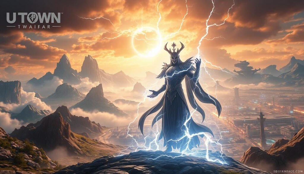 A beautifully rendered scene depicting the key features of the UTown's "Thunder God" game test version. A dramatic, god-like figure wielding lightning bolts stands in the foreground, surrounded by an electrified energy field. In the middle ground, fantastical landscapes with towering mountains and swirling storm clouds. The background showcases futuristic cityscapes and advanced technology, hinting at the game's immersive world. Cinematic lighting and camera angles enhance the sense of power and grandeur. The overall atmosphere is one of awe-inspiring, mythical wonder.