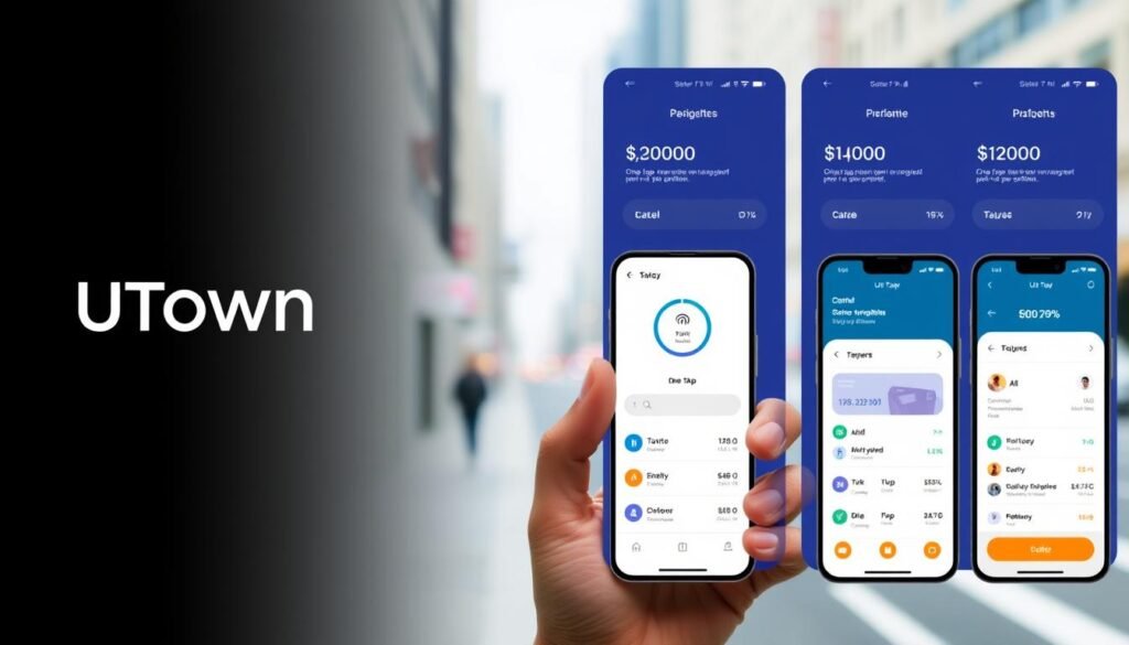 A detailed comparison of mobile payment systems, showcasing their user interfaces and seamless functionality. Sleek, modern UI designs in a minimalist style, highlighting key features like one-tap transactions, biometric authentication, and intuitive navigation. The foreground features the UTown brand prominently, with a clean logo and subtle branding elements. The middle ground displays side-by-side comparisons of different mobile payment apps, their unique designs, and comparative performance metrics. The background has a soft, blurred cityscape, suggesting the ubiquity and everyday nature of these mobile payment solutions.