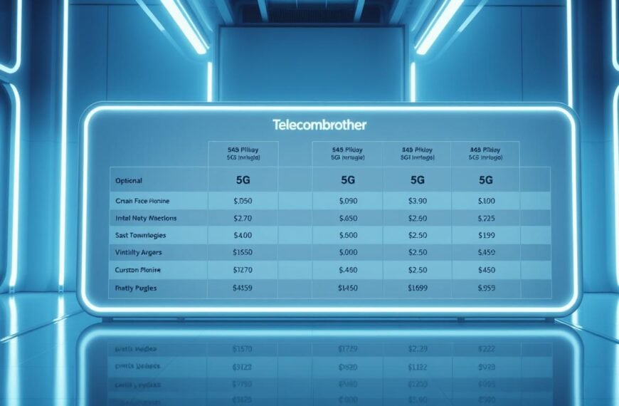 A detailed, futuristic 5G plan comparison table set against a sleek, high-tech backdrop. The table features the Telecombrother brand prominently, showcasing various 5G plan options and their corresponding monthly fees in a clean, infographic-style layout. The scene is illuminated by a cool, blue-tinted lighting that emphasizes the advanced, digital nature of the 5G technology. The overall composition conveys a sense of precision, efficiency, and the importance of understanding 5G plan costs to avoid unexpected overcharges.