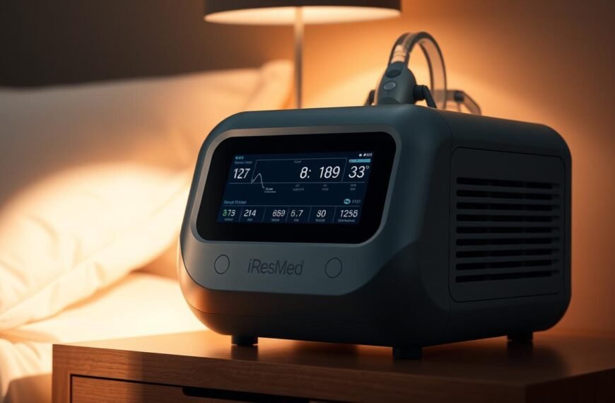 A detailed, high-resolution image of the latest iCareCPAP sleep apnea device by ResMed. The machine has a sleek, modern design with a large, backlit display panel showing key metrics. The front features air vents and a smooth, curved body in a matte grey finish. The device is positioned on a minimalist nightstand, bathed in warm, indirect lighting that casts soft shadows. The scene conveys a sense of comfort and relaxation, suitable for a medical device designed to provide restful sleep. The image showcases the technical specifications and advanced features of this cutting-edge sleep apnea treatment solution.