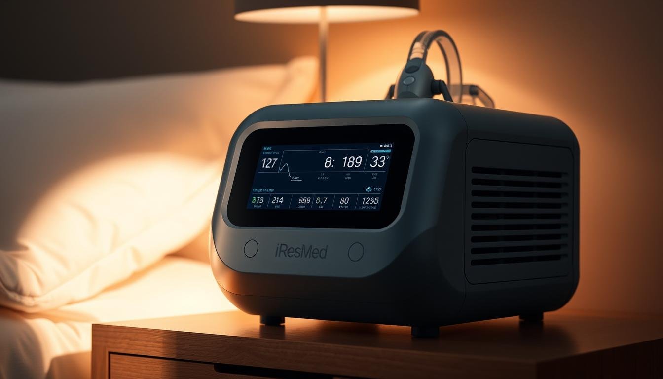 A detailed, high-resolution image of the latest iCareCPAP sleep apnea device by ResMed. The machine has a sleek, modern design with a large, backlit display panel showing key metrics. The front features air vents and a smooth, curved body in a matte grey finish. The device is positioned on a minimalist nightstand, bathed in warm, indirect lighting that casts soft shadows. The scene conveys a sense of comfort and relaxation, suitable for a medical device designed to provide restful sleep. The image showcases the technical specifications and advanced features of this cutting-edge sleep apnea treatment solution.