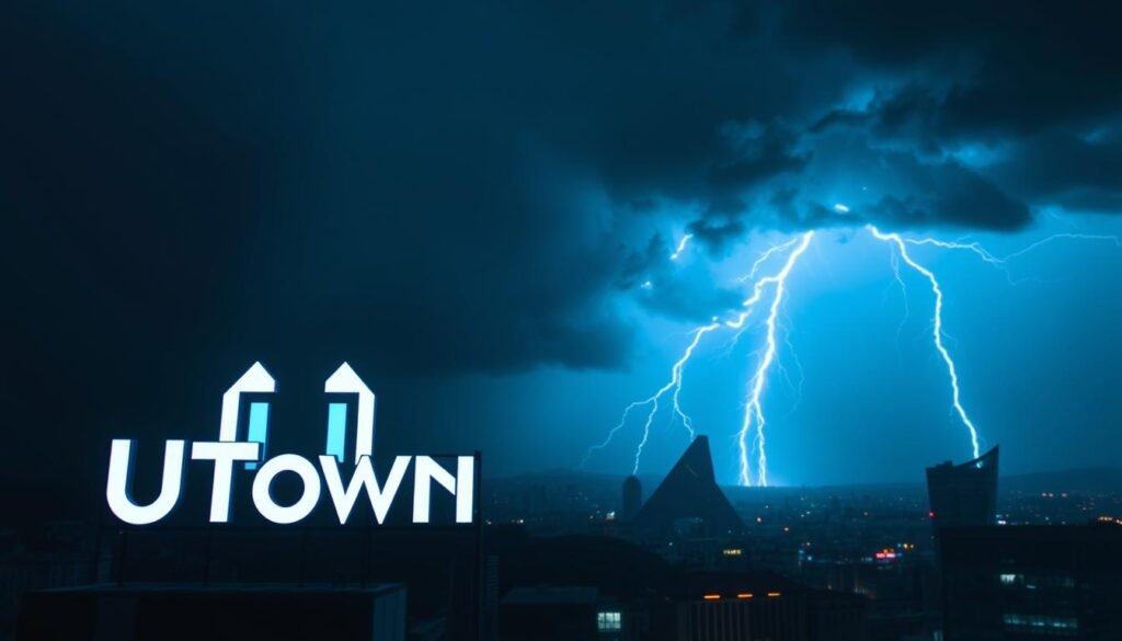 A dramatic bolt of lightning striking against a dark, ominous sky, casting an intense, blue-white glow across the scene. In the foreground, a UTown logo stands out prominently, its design evoking a sense of technological power and authority. The middle ground features futuristic, angular buildings and structures, hinting at the advanced financial systems being depicted. The background is shrouded in a sense of mystery and foreboding, creating an atmosphere of high-stakes risk and potential reward. A dramatic bolt of lightning striking against a dark, ominous sky, casting an intense, blue-white glow across the scene. In the foreground, a UTown logo stands out prominently, its design evoking a sense of technological power and authority. The middle ground features futuristic, angular buildings and structures, hinting at the advanced financial systems being depicted. The background is shrouded in a sense of mystery and foreboding, creating an atmosphere of high-stakes risk and potential reward.