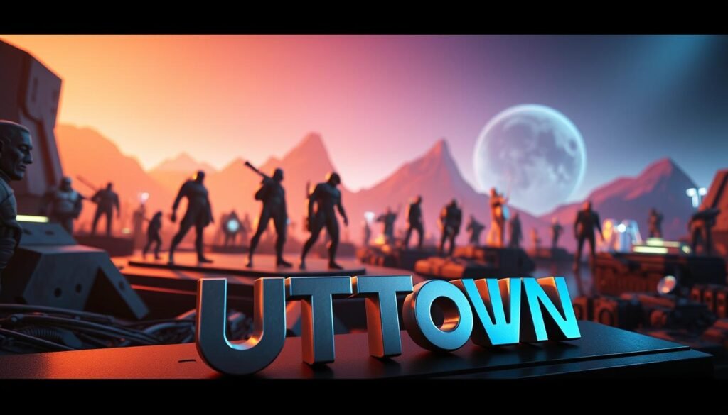 A futuristic, high-tech scene showcasing cutting-edge game graphics and visual design. In the foreground, a sleek, metallic UTown logo is prominently displayed, its surfaces gleaming under precise, directional lighting. In the middle ground, intricate 3D models of various game assets - characters, environments, and special effects - are rendered in vivid detail, their textures and materials appearing hyper-realistic. The background features an abstract, geometric landscape rendered in a striking color palette, with subtle volumetric lighting and atmospheric haze to create a sense of depth and immersion. The overall mood is one of advanced technology, innovation, and artistic flair, reflecting the high standards of ATG's electronic game development capabilities.