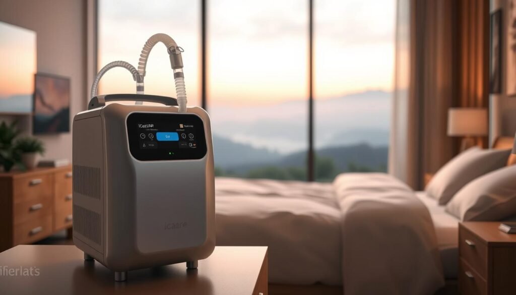 A high-quality, advanced iCareCPAP sleep apnea machine, prominently displayed in the foreground. The device features a sleek, modern design with clean lines and a minimalist aesthetic. The machine is rendered in a soft, warm lighting that highlights its polished surfaces and attention to detail. The middle ground showcases a peaceful, serene bedroom setting, with a comfortable-looking bed and nightstand. In the background, a tranquil, dimly lit landscape with soothing, naturalistic elements conveys a sense of relaxation and well-being. The overall scene emphasizes the iCareCPAP machine's role in improving the quality of life for sleep apnea patients, as they rest comfortably and peacefully. A high-quality, advanced iCareCPAP sleep apnea machine, prominently displayed in the foreground. The device features a sleek, modern design with clean lines and a minimalist aesthetic. The machine is rendered in a soft, warm lighting that highlights its polished surfaces and attention to detail. The middle ground showcases a peaceful, serene bedroom setting, with a comfortable-looking bed and nightstand. In the background, a tranquil, dimly lit landscape with soothing, naturalistic elements conveys a sense of relaxation and well-being. The overall scene emphasizes the iCareCPAP machine's role in improving the quality of life for sleep apnea patients, as they rest comfortably and peacefully.