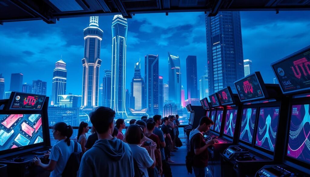 A high-tech gaming arcade set against a futuristic cityscape, with towering UTown skyscrapers illuminating the night sky. Neon-lit displays showcase the latest interactive virtual reality experiences, where players immerse themselves in visually stunning, technically complex gaming worlds. In the foreground, a group of gamers intensely focused on their controllers, surrounded by a maze of cables and gaming peripherals. The scene is bathed in a cool, blue-tinted lighting, conveying a sense of technological innovation and cutting-edge digital entertainment.