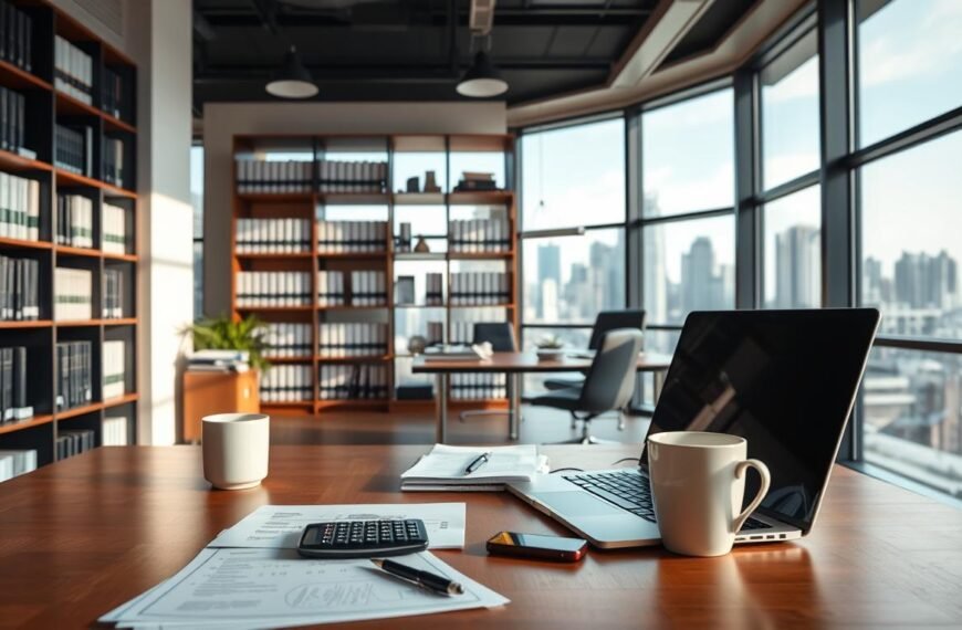 A modern financial office interior with bright, natural lighting. In the foreground, a wooden desk features a laptop, a stack of documents, and a mug of coffee. On the desk, a calculator and a pen symbolize the calculation and paperwork involved in small loan applications. The middle ground showcases bookshelves filled with financial reports and ledgers, conveying the professional expertise needed to navigate the small loan process. The background features large windows overlooking a bustling city skyline, suggesting the broader economic context in which these small loans operate. The overall atmosphere is one of efficiency, diligence, and a commitment to helping individuals improve their financial standing.