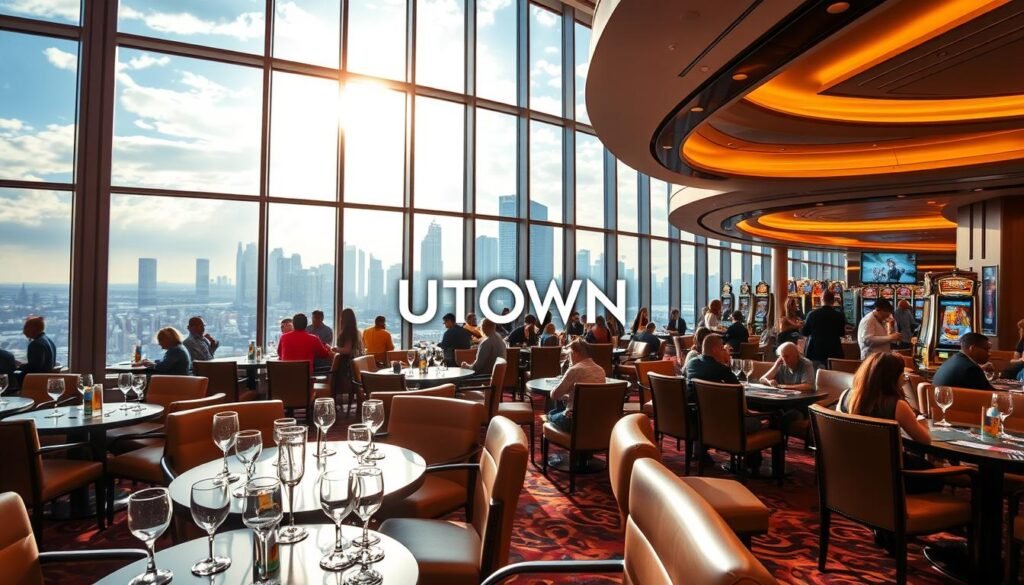 A modern, sleek casino with floor-to-ceiling windows overlooking a bustling city skyline. Plush leather chairs and tables adorned with elegant crystal glassware in the foreground. Soft, warm lighting casts a inviting glow throughout the high-ceilinged gaming floor. Patrons engaged in lively conversations and games of chance, their faces animated with excitement. In the middle ground, the iconic UTown logo prominently displayed, beckoning visitors to experience the thrill of this premier entertainment destination. The background reveals a panoramic view of the cityscape, skyscrapers reaching up to a vibrant, sun-dappled sky. An atmosphere of sophistication, energy, and exceptional customer service permeates the scene. A modern, sleek casino with floor-to-ceiling windows overlooking a bustling city skyline. Plush leather chairs and tables adorned with elegant crystal glassware in the foreground. Soft, warm lighting casts a inviting glow throughout the high-ceilinged gaming floor. Patrons engaged in lively conversations and games of chance, their faces animated with excitement. In the middle ground, the iconic UTown logo prominently displayed, beckoning visitors to experience the thrill of this premier entertainment destination. The background reveals a panoramic view of the cityscape, skyscrapers reaching up to a vibrant, sun-dappled sky. An atmosphere of sophistication, energy, and exceptional customer service permeates the scene.