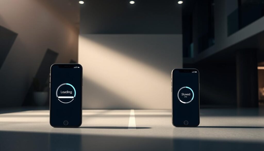 A modern, well-lit interface depicting a side-by-side comparison of loading speeds for the UTown entertainment app. The foreground showcases two smartphone screens, one displaying a fast loading animation and the other a slower, more sluggish process. The middle ground features clean, minimalist design elements that highlight the performance gap. The background subtly conveys a sense of urban sophistication with muted tones and geometric architectural shapes. Lighting is bright and directional, creating depth and emphasizing the contrasting app experiences. The overall mood is one of efficiency, technology, and an unbiased evaluation of mobile application performance.