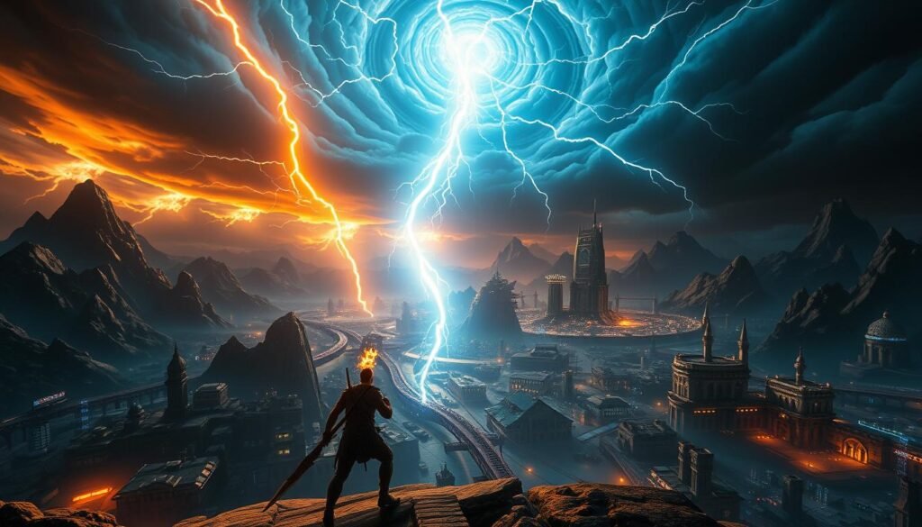 A striking and immersive scene of the UTown "Thundergod" video game test version. In the foreground, a skilled player masterfully navigates the game's challenging levels, their avatar wielding powerful lightning-based abilities. The middle ground features detailed environments, from majestic mountains to sprawling cityscapes, all rendered in a cinematic, high-contrast lighting setup. In the background, a dramatic sky filled with swirling storm clouds and flashes of electricity sets the mood for an intense, high-stakes gaming experience. The overall composition and visual style convey a sense of epic fantasy, technological prowess, and the thrill of testing the limits of this cutting-edge video game.