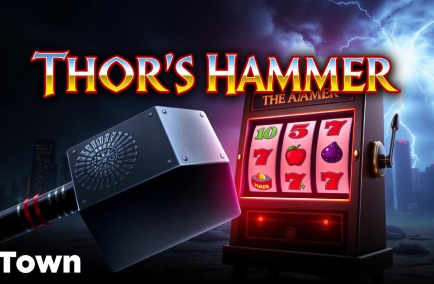 A striking, dynamic illustration of the &quot;Thor's Hammer&quot; slot machine game. In the foreground, the iconic Mjolnir hammer of the Norse god Thor dominates the scene, its powerful metallic form casting dramatic shadows. The middle ground features the slot machine itself, with its classic three-reel design and vibrant, neon-lit symbols. The background blends a moody, atmospheric cityscape with a thunderous, lightning-filled sky, evoking the god of thunder's might. The overall composition conveys a sense of high-stakes action and thrilling gameplay. The image is presented with a sleek, UTown-branded aesthetic.