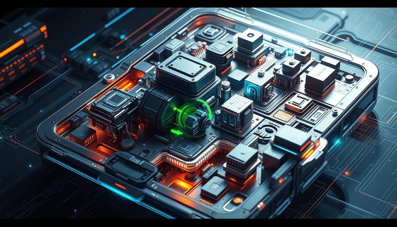 Detailed technological diagram showcasing the powerful game development engine and high-end features of UTown's acclaimed digital entertainment platform. Sleek, futuristic 3D render depicting the intricate inner workings, component systems, and cutting-edge architecture that powers the company's innovative game creation capabilities. Cinematic lighting casts dramatic shadows, highlighting the complexity and sophistication of the advanced software framework. Metallic textures, holographic overlays, and dynamic visual effects convey the technical mastery and engineering prowess behind UTown's game development technology.