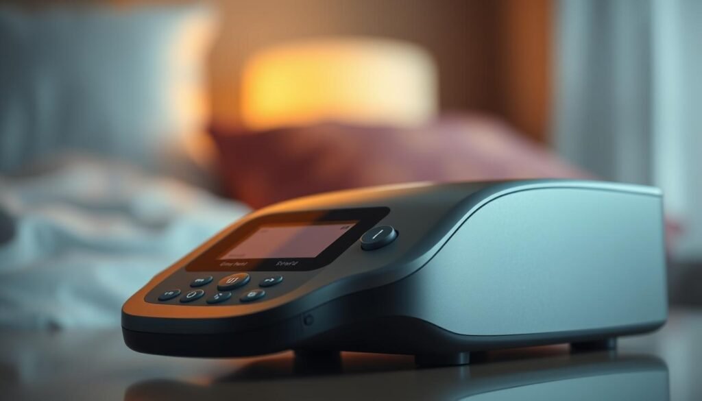 A close-up view of the latest iCareCPAP sleep apnea machine, showcasing its sleek and modern design. The device is illuminated by soft, warm lighting, casting gentle shadows and highlighting its key features. In the foreground, the machine's intuitive control panel with tactile buttons and a high-resolution display is prominently featured, inviting the user to interact with the device. The middle ground showcases the machine's minimalist form factor, with clean lines and a matte finish that exude a sense of sophistication. The background is blurred, creating a sense of depth and focus on the machine's core functionality. The overall mood is one of technological advancement and user-centric design, reflecting the progress in sleep apnea treatment technology. A close-up view of the latest iCareCPAP sleep apnea machine, showcasing its sleek and modern design. The device is illuminated by soft, warm lighting, casting gentle shadows and highlighting its key features. In the foreground, the machine's intuitive control panel with tactile buttons and a high-resolution display is prominently featured, inviting the user to interact with the device. The middle ground showcases the machine's minimalist form factor, with clean lines and a matte finish that exude a sense of sophistication. The background is blurred, creating a sense of depth and focus on the machine's core functionality. The overall mood is one of technological advancement and user-centric design, reflecting the progress in sleep apnea treatment technology.