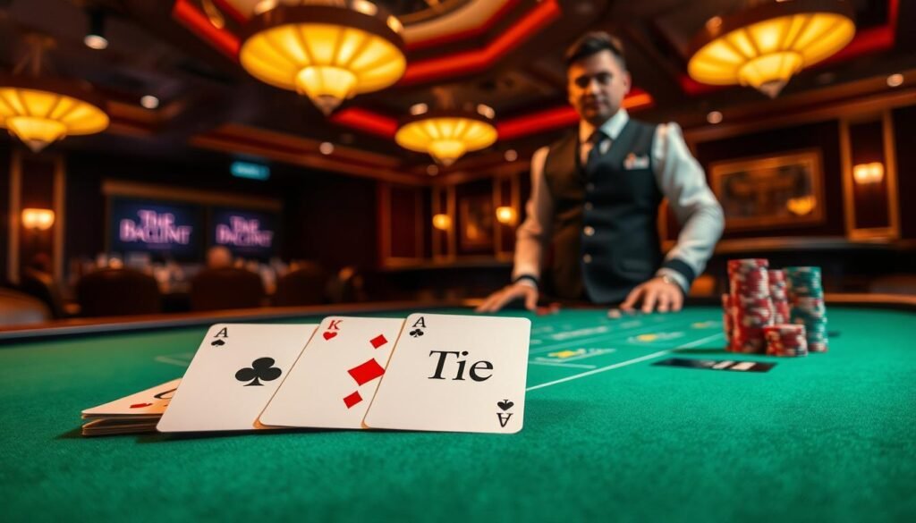 A dimly lit casino table, the green felt surface reflecting the warm glow of overhead lamps. Crisp white cards fan out, revealing the iconic symbols of Baccarat - the Player, the Banker, and the Tie. Chips in a array of colors are stacked neatly, awaiting the next round. The dealer, dressed in a sharp black and white uniform, stands poised, ready to guide players through the nuances of this captivating game. The scene exudes an air of strategic contemplation, inviting the viewer to delve into the intricate rules and probabilities that govern the timeless allure of Baccarat. A dimly lit casino table, the green felt surface reflecting the warm glow of overhead lamps. Crisp white cards fan out, revealing the iconic symbols of Baccarat - the Player, the Banker, and the Tie. Chips in a array of colors are stacked neatly, awaiting the next round. The dealer, dressed in a sharp black and white uniform, stands poised, ready to guide players through the nuances of this captivating game. The scene exudes an air of strategic contemplation, inviting the viewer to delve into the intricate rules and probabilities that govern the timeless allure of Baccarat.