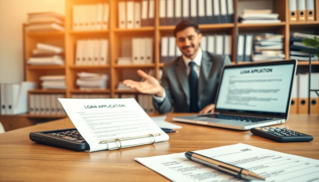 A neatly organized office scene showcasing the key steps of the private lending process. In the foreground, a loan application form sits on a wooden desk, accompanied by a pen and calculator. The middle ground features a financial advisor in a crisp suit, gesturing towards a laptop screen displaying loan terms and conditions. In the background, shelves filled with organized folders and documents convey a sense of professionalism and attention to detail. The lighting is warm and inviting, creating a welcoming atmosphere. The overall composition emphasizes the streamlined and trustworthy nature of the private lending workflow.