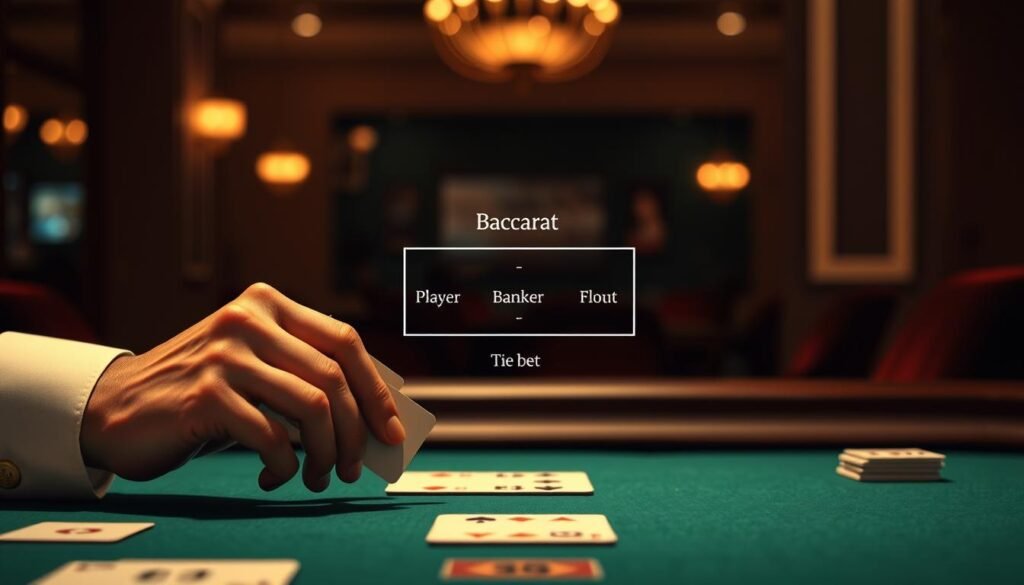 A serene, minimalist illustration of the core baccarat gameplay process. In the foreground, a dealer's hands dealing cards onto a green baize table, with elegant casino-inspired lighting casting a warm glow. In the middle ground, a simple diagram outlining the basic player, banker, and tie bet options. The background is a soft, blurred representation of a casino interior, hinting at the atmosphere without distracting from the central gameplay elements. The overall mood is one of clarity, focus, and understated sophistication, reflecting the essence of baccarat's strategic allure. A serene, minimalist illustration of the core baccarat gameplay process. In the foreground, a dealer's hands dealing cards onto a green baize table, with elegant casino-inspired lighting casting a warm glow. In the middle ground, a simple diagram outlining the basic player, banker, and tie bet options. The background is a soft, blurred representation of a casino interior, hinting at the atmosphere without distracting from the central gameplay elements. The overall mood is one of clarity, focus, and understated sophistication, reflecting the essence of baccarat's strategic allure.