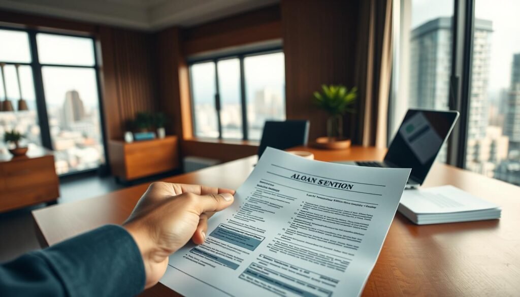 A serene office setting with a wooden desk, a laptop, and a stack of financial documents. The room is bathed in warm, diffused lighting, creating a sense of professionalism and contemplation. In the foreground, a hand is carefully reviewing a loan document, reflecting the impact of private lending on personal finance planning. The background features a window overlooking a bustling city, symbolizing the connection between individual decisions and the broader economic landscape. The overall mood is one of thoughtful consideration and measured deliberation.