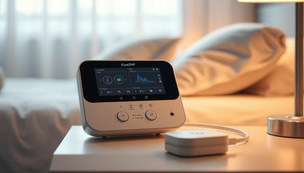 A sleek, state-of-the-art iCareCPAP device rests on a bedside table, its modern, minimalist design evoking a sense of technological sophistication. Soft, indirect lighting casts a warm glow, creating a soothing, therapeutic atmosphere. The device's clean lines and intuitive interface suggest effortless operation, while the inclusion of various sensors and monitoring capabilities implies its important role in comprehensive health management. In the background, a calming, blurred scene of a bedroom or bedroom-like setting provides context, emphasizing the device's integration into the personal, domestic space. The overall composition conveys the iCareCPAP's critical function in sleep apnea treatment and its seamless integration into the user's everyday life. A sleek, state-of-the-art iCareCPAP device rests on a bedside table, its modern, minimalist design evoking a sense of technological sophistication. Soft, indirect lighting casts a warm glow, creating a soothing, therapeutic atmosphere. The device's clean lines and intuitive interface suggest effortless operation, while the inclusion of various sensors and monitoring capabilities implies its important role in comprehensive health management. In the background, a calming, blurred scene of a bedroom or bedroom-like setting provides context, emphasizing the device's integration into the personal, domestic space. The overall composition conveys the iCareCPAP's critical function in sleep apnea treatment and its seamless integration into the user's everyday life.