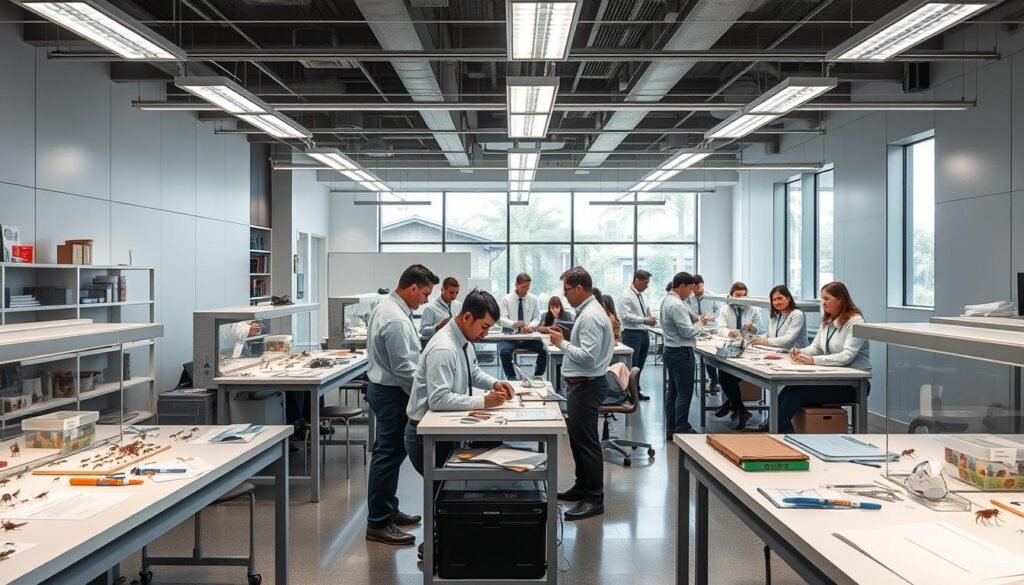 A modern, well-equipped training facility for iCareCPAP pest control professionals. The foreground features neatly organized workstations with a variety of insect specimens, tools, and educational materials. In the middle ground, trainees in crisp uniforms engage in hands-on demonstrations and discussions, while instructors oversee the activities. The background showcases a sleek, minimalist interior design with ample natural lighting filtering in through large windows. The overall atmosphere conveys a sense of professionalism, efficiency, and a strong commitment to comprehensive pest management training.