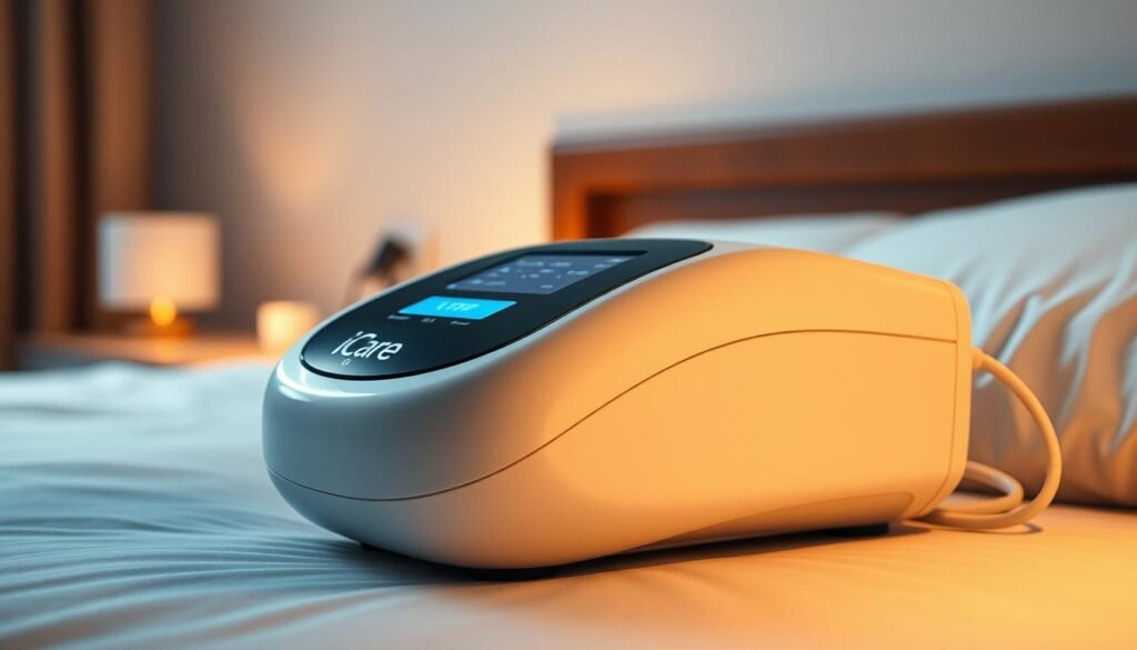 A detailed medical device, an iCareCPAP sleep apnea machine rests on a bedside table. The device is sleek and modern, with a curved design and a glowing display. The machine is surrounded by a soft, calming atmosphere, with warm lighting and a serene, minimalist background. The image conveys the importance of this vital piece of equipment in providing restful, restorative sleep for the user. The machine's functionality and user-friendly design are highlighted, emphasizing its role in improving the user's overall health and well-being.