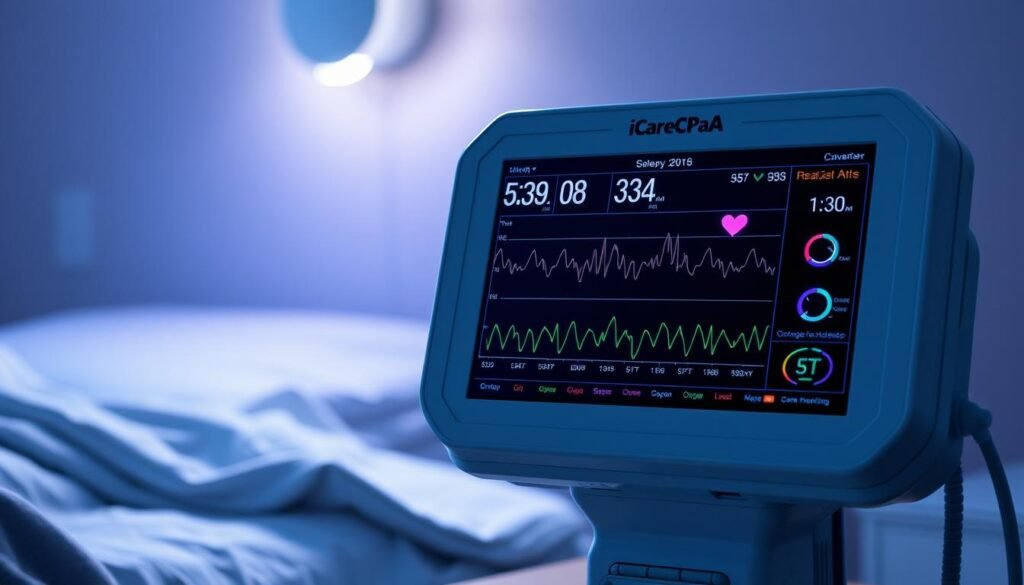 A high-tech medical monitor displaying real-time data on a night-time sleep apnea patient's breathing patterns, oxygen levels, and heart rate. The iCareCPAP machine is meticulously rendered, its sleek design and intuitive interface showcasing the latest advancements in sleep therapy technology. The scene is bathed in a soft, soothing glow, creating a calming, clinical atmosphere. Crisp, detailed shadows and highlights accentuate the monitor's digital readouts, conveying the precise monitoring capabilities of this state-of-the-art sleep apnea management system. A high-tech medical monitor displaying real-time data on a night-time sleep apnea patient's breathing patterns, oxygen levels, and heart rate. The iCareCPAP machine is meticulously rendered, its sleek design and intuitive interface showcasing the latest advancements in sleep therapy technology. The scene is bathed in a soft, soothing glow, creating a calming, clinical atmosphere. Crisp, detailed shadows and highlights accentuate the monitor's digital readouts, conveying the precise monitoring capabilities of this state-of-the-art sleep apnea management system.