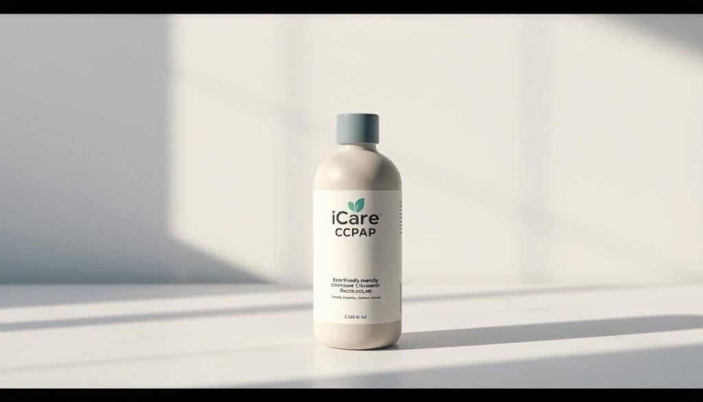 A sleek and modern bottle of an eco-friendly CPAP machine cleaner labeled "iCareCPAP" rests on a clean, minimalist surface. The bottle's design features clean lines, a matte finish, and a simple logo, conveying a sense of premium quality and environmental consciousness. Soft, natural lighting from an overhead source casts subtle shadows, highlighting the bottle's form and materiality. The background is a serene, blurred gradient, allowing the product to be the focal point. The overall composition evokes a sense of simplicity, sustainability, and attention to detail, befitting a high-quality, environmentally-friendly CPAP cleaning solution.