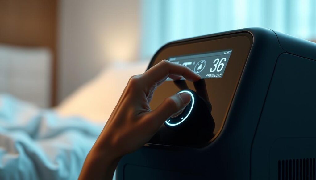 A sleek, modern iCareCPAP machine, its sturdy build and clean, minimal design dominating the foreground. The machine's digital display shows the precise pressure settings, illuminated by soft, ambient lighting. In the middle ground, a hand gently adjusts the control knob, fine-tuning the pressure to ensure optimal comfort and airflow. The background fades into a serene, calming environment, perhaps a bedroom or medical setting, emphasizing the machine's role in promoting restful, uninterrupted sleep. The overall scene conveys a sense of technical precision, user-friendly control, and the importance of properly regulating sleep apnea treatment for improved respiratory health. A sleek, modern iCareCPAP machine, its sturdy build and clean, minimal design dominating the foreground. The machine's digital display shows the precise pressure settings, illuminated by soft, ambient lighting. In the middle ground, a hand gently adjusts the control knob, fine-tuning the pressure to ensure optimal comfort and airflow. The background fades into a serene, calming environment, perhaps a bedroom or medical setting, emphasizing the machine's role in promoting restful, uninterrupted sleep. The overall scene conveys a sense of technical precision, user-friendly control, and the importance of properly regulating sleep apnea treatment for improved respiratory health.
