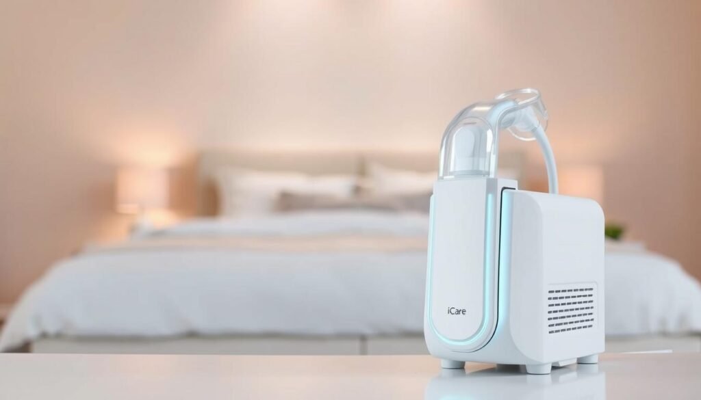A high-quality, sleek and modern-looking iCareCPAP sleep apnea machine, featuring a minimalist white exterior with clean lines and soft lighting. The device is prominently displayed in the foreground, showcasing its intuitive controls and advanced features. In the middle ground, a serene bedroom setting with a comfortable bed and soothing bedside lamps, creating a calming atmosphere. The background fades into a soft, blurred gradient, allowing the device to take center stage. The overall mood is one of tranquility and ease, conveying the idea of a peaceful, restorative sleep experience for the user. A high-quality, sleek and modern-looking iCareCPAP sleep apnea machine, featuring a minimalist white exterior with clean lines and soft lighting. The device is prominently displayed in the foreground, showcasing its intuitive controls and advanced features. In the middle ground, a serene bedroom setting with a comfortable bed and soothing bedside lamps, creating a calming atmosphere. The background fades into a soft, blurred gradient, allowing the device to take center stage. The overall mood is one of tranquility and ease, conveying the idea of a peaceful, restorative sleep experience for the user.