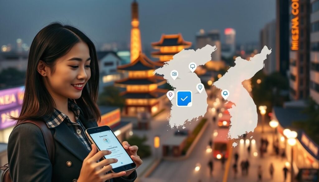 An informative and visually engaging image depicting the benefits of eSIM services for travelers in South Korea. In the foreground, a professional woman dressed in smart casual attire is using a smartphone displaying an eSIM activation screen, her expression focused and engaged. In the middle ground, there’s a map of South Korea with digital icons representing connectivity, navigation, and communication. In the background, a vibrant cityscape of Seoul with recognizable landmarks like N Seoul Tower and bustling street life, illuminated by warm, inviting evening lights. The scene captures a sense of excitement and ease of travel, with a soft focus to emphasize the subject. The overall mood is positive and forward-looking, ideal for highlighting the advantages of modern connectivity for travelers.