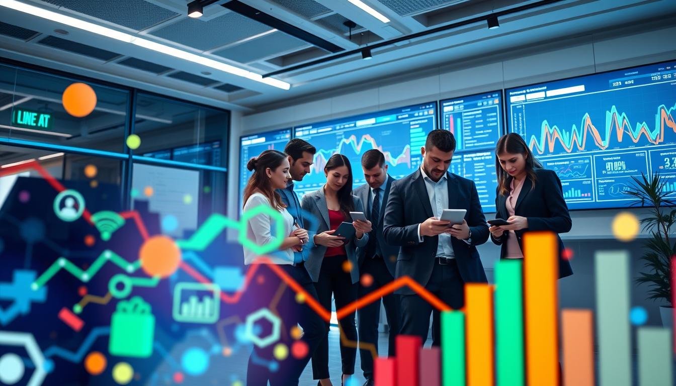 A dynamic digital marketing strategy concept image featuring an abstract representation of "line lap" and "lap ads." In the foreground, sleek icons and graphs depicting audience engagement in a vibrant color palette of blue, green, and orange. In the middle ground, a professional team of diverse individuals in business attire collaborating over digital devices, analyzing data charts and brainstorming. The background showcases a futuristic office environment with large screens displaying dynamic data and visual analytics. Soft ambient lighting creates an optimistic and innovative atmosphere, highlighting the team's focus on strategic planning. The angle should capture a slight bird’s-eye view, emphasizing analysis and collaboration without any text or distractions.